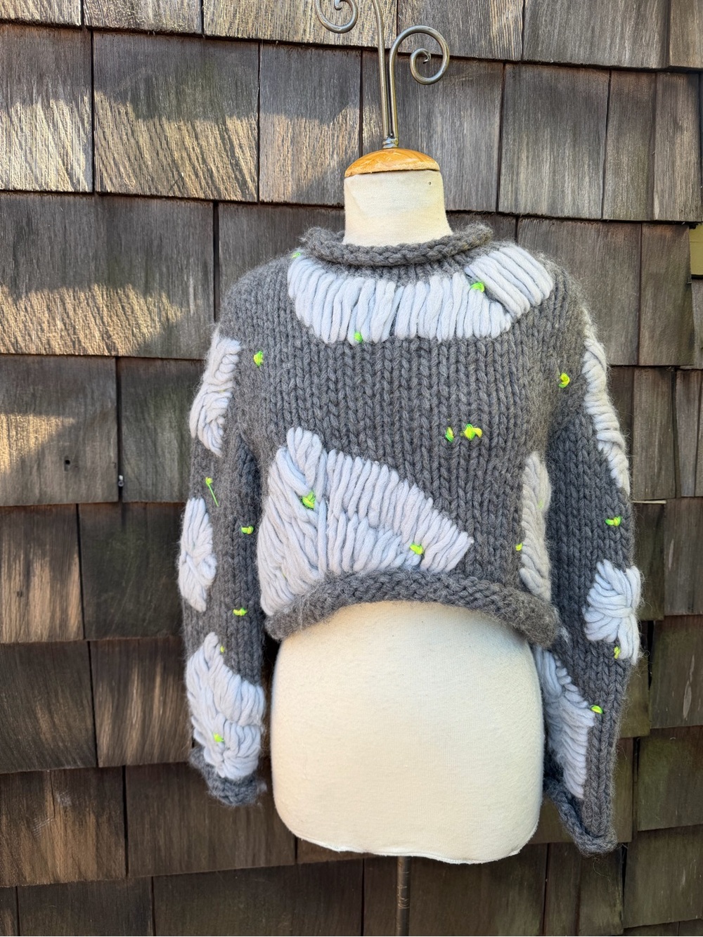 Vintage 80s style cropped knit sweater handmade greys & neon green S/M.